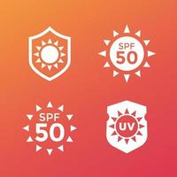 protetor solar, proteção contra radiação ultravioleta, ícones spf 50 vetor