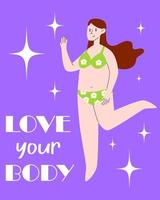 corpo positivo. feliz menina dentro uma floral roupa de banho. atraente excesso de peso mulher. brilhante horário de verão poster. vetor desenho animado ilustração.
