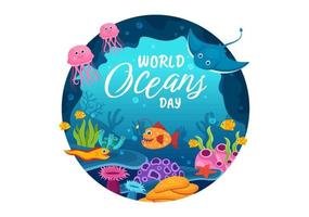 mundo oceanos dia ilustração para Socorro proteger e conservar oceano, peixe, ecossistema ou mar plantas dentro plano desenho animado mão desenhado para aterrissagem página modelos vetor