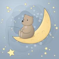 fofo urso de pelúcia sentado na lua desenho animado estrela de pesca doodle vetor