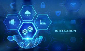 sistema de dados de integração. conceito de tecnologia de integração de sistemas na mão de wireframe. tecnologia industrial e inteligente. soluções de negócios e automação. ilustração vetorial. vetor