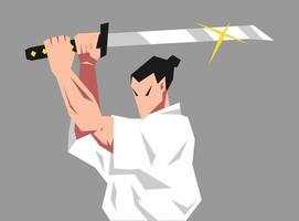 masculino samurai personagem Bravo expressão elevação katana. conceito do Japão, dojô, samurai. adequado para camiseta projeto, adesivo, imprimir, poster, etc. plano vetor ilustração.