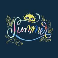Letras coloridas sobre o verão com caráter de sol e folhas vetor