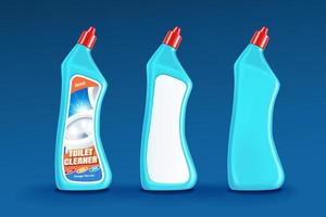 banheiro limpador garrafa brincar conjunto em azul fundo dentro 3d ilustração, 1 com em branco rótulo e 1 com projetado adesivo vetor