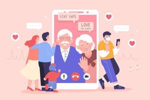 jovem família tendo uma vídeo bate-papo em Smartphone com seus avós e elas ambos desejando a melhor para seus Amado uns vetor