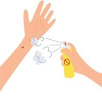 a humano mão com a Carraça morder. proteção contra mosquitos, carrapatos e de outros insetos. aerossol para evita inseto mordidas. cuidados de saúde ilustração. vetor