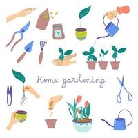 conjunto do jardinagem elementos. sementes, plantas, Ferramentas e faça você mesmo Atividades. casa jardinagem e plantar Cuidado conceito. mão desenhado vetor clipart.