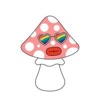 retro groovy trippy cogumelo personagem com arco Iris oculos escuros. hippie psicodélico mosca agaric. hippie funky fungo. vintage desenho animado alucinógeno nostálgico amanita. na moda ano 2000 pop cultura. vetor eps