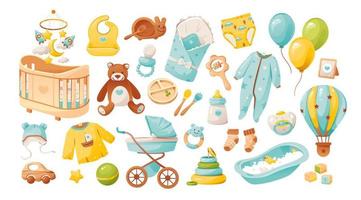 bebê Garoto chuveiro definir. Itens para bebê Cuidado. uma conjunto do brinquedos, roupas e mobília para uma recém-nascido garoto. Está uma garoto. desenho animado vetor ilustração.