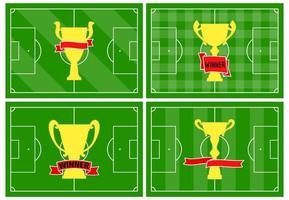conjunto do quatro futebol Campos com diferente dourado copo em diferente verde Relva enfeites. futebol campo para jogando. vetor ilustração