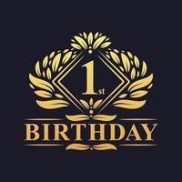 Logotipo do aniversário de 1 ano, celebração do primeiro aniversário de ouro de luxo. vetor