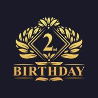 Logotipo do aniversário de 2 anos, celebração de ouro do segundo aniversário de luxo. vetor