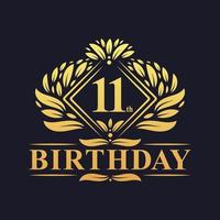 Logotipo de aniversário de 11 anos, celebração de ouro de 11 anos de luxo. vetor