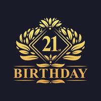 Logotipo de aniversário de 21 anos, celebração de aniversário de 21 anos de ouro de luxo. vetor