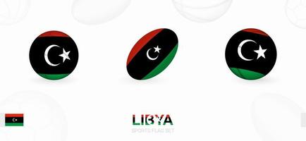 Esportes ícones para futebol, rúgbi e basquetebol com a bandeira do Líbia. vetor