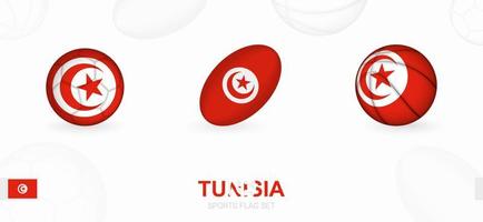 Esportes ícones para futebol, rúgbi e basquetebol com a bandeira do Tunísia. vetor