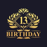 Logotipo do aniversário de 13 anos, celebração de ouro do 13º aniversário de luxo. vetor
