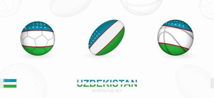 Esportes ícones para futebol, rúgbi e basquetebol com a bandeira do uzbequistão. vetor