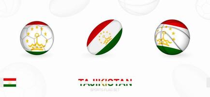 Esportes ícones para futebol, rúgbi e basquetebol com a bandeira do tadjiquistão. vetor