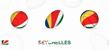 Esportes ícones para futebol, rúgbi e basquetebol com a bandeira do seychelles. vetor