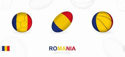 Esportes ícones para futebol, rúgbi e basquetebol com a bandeira do roménia. vetor