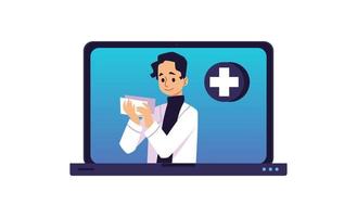 farmacêutico ou médico lê prescrição dentro conectados farmacia, plano vetor ilustração isolado em branco fundo.