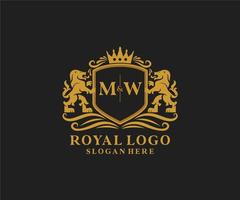 modelo de logotipo de luxo real de leão de letra mw inicial em arte vetorial para restaurante, realeza, boutique, café, hotel, heráldica, joias, moda e outras ilustrações vetoriais. vetor