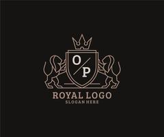 modelo de logotipo de luxo real de leão de carta op inicial em arte vetorial para restaurante, realeza, boutique, café, hotel, heráldica, joias, moda e outras ilustrações vetoriais. vetor