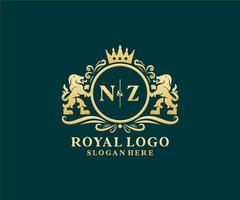 modelo inicial de logotipo de luxo real de leão de carta nz em arte vetorial para restaurante, realeza, boutique, café, hotel, heráldica, joias, moda e outras ilustrações vetoriais. vetor