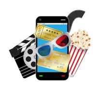 smartphone com objeto de filme 3d óculos bilhete filme pipoca cartão de crédito vetor