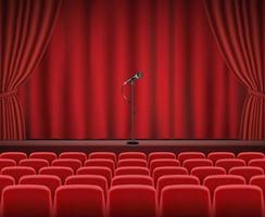filas de assentos vermelhos de cinema ou teatro em frente ao palco do show com microfone retrô vetor