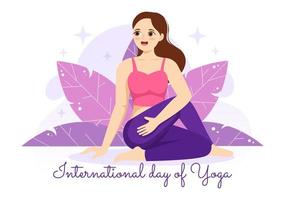 internacional ioga dia ilustração em Junho 21 com mulher fazendo corpo postura prática ou meditação dentro cuidados de saúde plano desenho animado mão desenhado modelos vetor