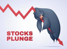 global ações afundou para dentro uma Urso mercado em meio a coronavírus surto, desenho animado estilo depressivo Preto Urso deitado em declínio seta vetor