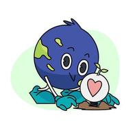 vintage feliz fofa terra planeta personagem mascote é plantio uma lâmpada dentro que é uma coração símbolo. vetor ilustração