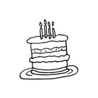 solteiro mão desenhado bolo com velas para saudações, aniversário cartão, cartazes, receita, culinária Projeto. isolado em branco fundo. rabisco vetor ilustração.