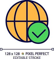 globo com Verifica marca pixel perfeito rgb cor ícone. seguro internacional comunicação. no mundo todo permissões. isolado vetor ilustração. simples preenchidas linha desenho. editável acidente vascular encefálico