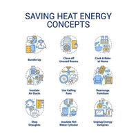 salvando calor energia conceito ícones definir. aquecimento congelando casa às outono clima idéia fino linha cor ilustrações. isolado símbolos. editável acidente vascular encefálico vetor