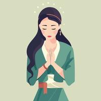oriental mulher com mãos juntos para orar vetor