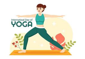 internacional ioga dia ilustração em Junho 21 com mulher fazendo corpo postura prática ou meditação dentro cuidados de saúde plano desenho animado mão desenhado modelos vetor