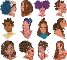 vetor conjunto do lindo africano americano mulheres com diferente penteados