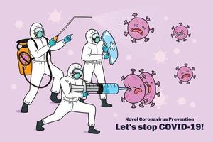 poster Projeto para covid-19 prevenção, 3 médico trabalhadores dentro hazmat terno derrotando a vírus com desinfetante pulverizador, seringa e escudo vetor