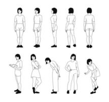 a pose multidirecional da garota em pé. amostra padrão. mão desenhada estilo ilustrações vetoriais. vetor