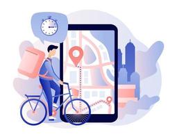 conectados Entrega serviço conceito. ordem monitorando. minúsculo correio em bicicleta. Smartphone com Móvel aplicativo para Entrega monitorando. moderno plano desenho animado estilo. vetor ilustração em branco fundo