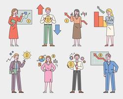 personagens de especialistas em investimentos explicando o gráfico bitcoin. ilustração em vetor mínimo estilo design plano.