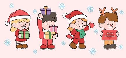 personagens fofinhos com chapéus de Papai Noel e chifres de rena estão segurando caixas de presente. mão desenhada estilo ilustrações vetoriais. vetor