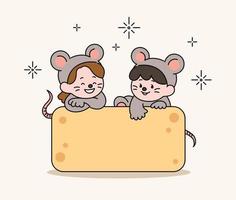 um lindo casal em trajes de rato está sentado sobre um grande pedaço de queijo. mão desenhada estilo ilustrações vetoriais. vetor