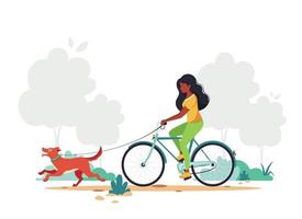 mulher negra andando de bicicleta com cachorro no parque. estilo de vida saudável, conceito de atividade ao ar livre. ilustração vetorial. vetor