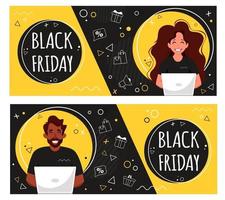banner preto sexta-feira. pessoas com laptop fazendo compras online. ilustração vetorial vetor