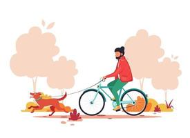 homem andando de bicicleta com cachorro no parque outono. estilo de vida saudável, conceito de atividade ao ar livre. ilustração vetorial. vetor