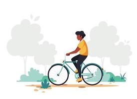 homem negro andando de bicicleta. estilo de vida saudável, esporte, conceito de atividade ao ar livre. ilustração vetorial em estilo simples. vetor